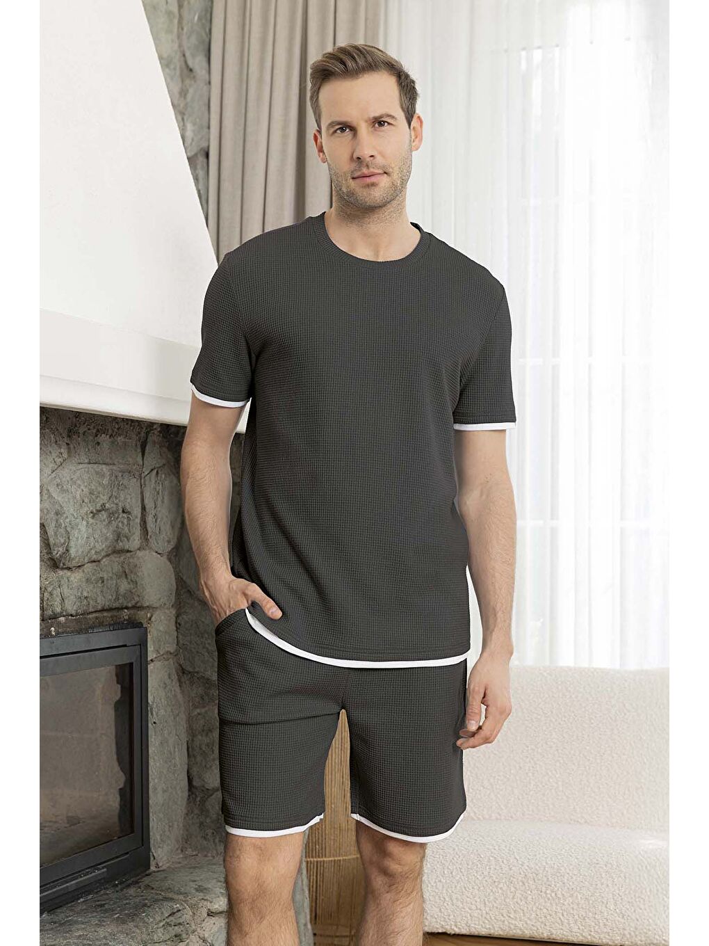 Erkek Kısa Kol Şort Biye Detay Waffle Kumaş Pijama Takımı 260104 Antrasit