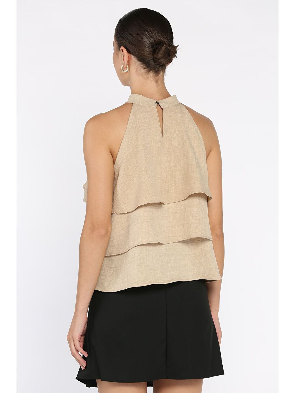 Bej Kadın Sıfır Kol Kat Kat Bluz-2