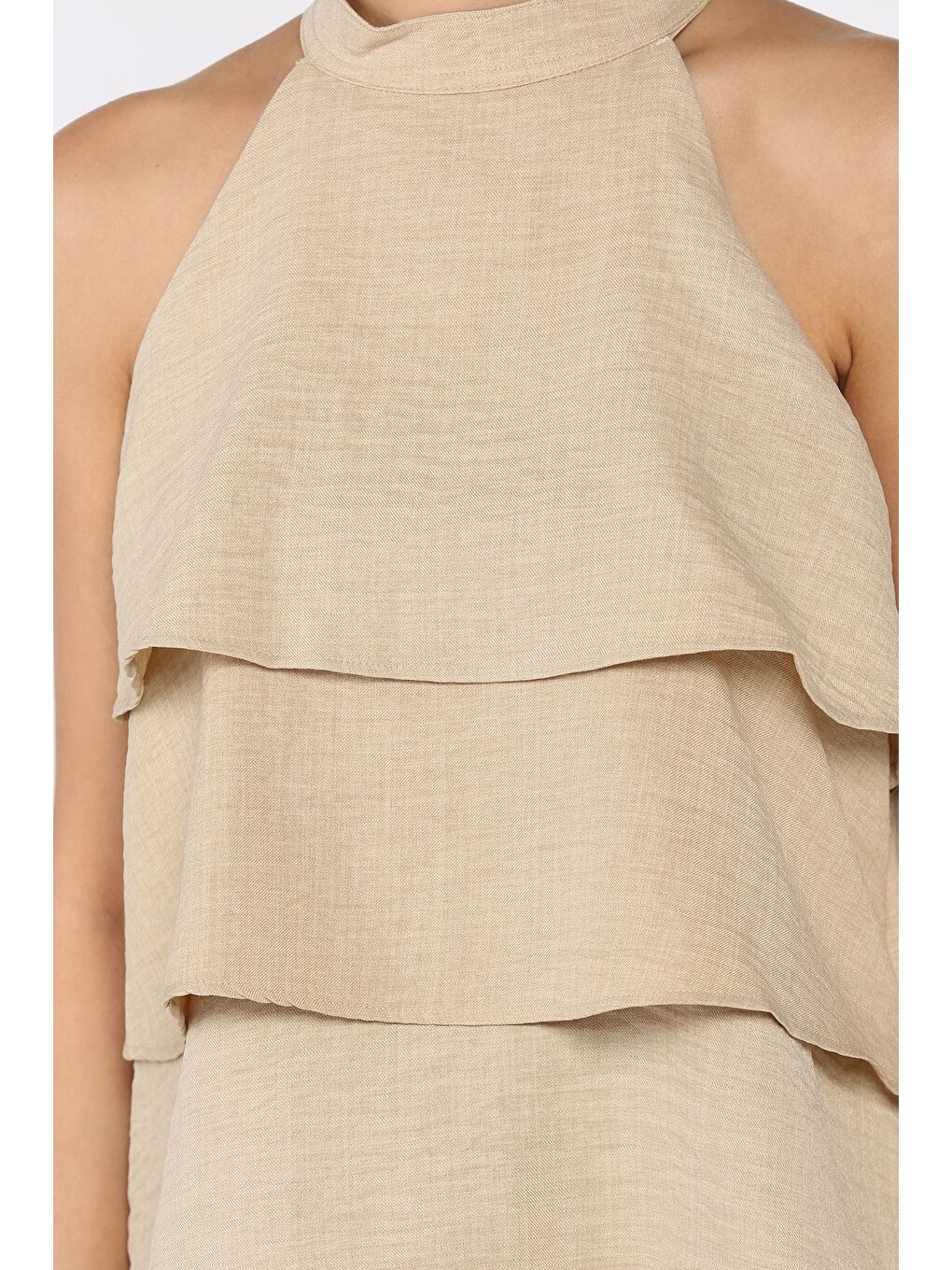 Bej Kadın Sıfır Kol Kat Kat Bluz-3