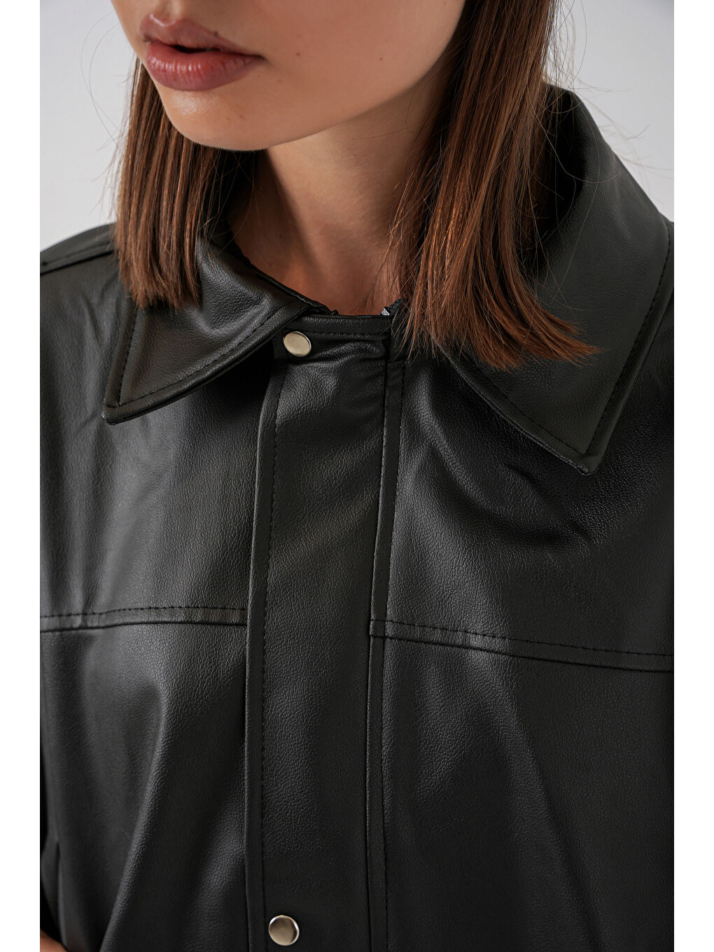 Kadın Oversize Deri Ceket 1055 - Siyah-5