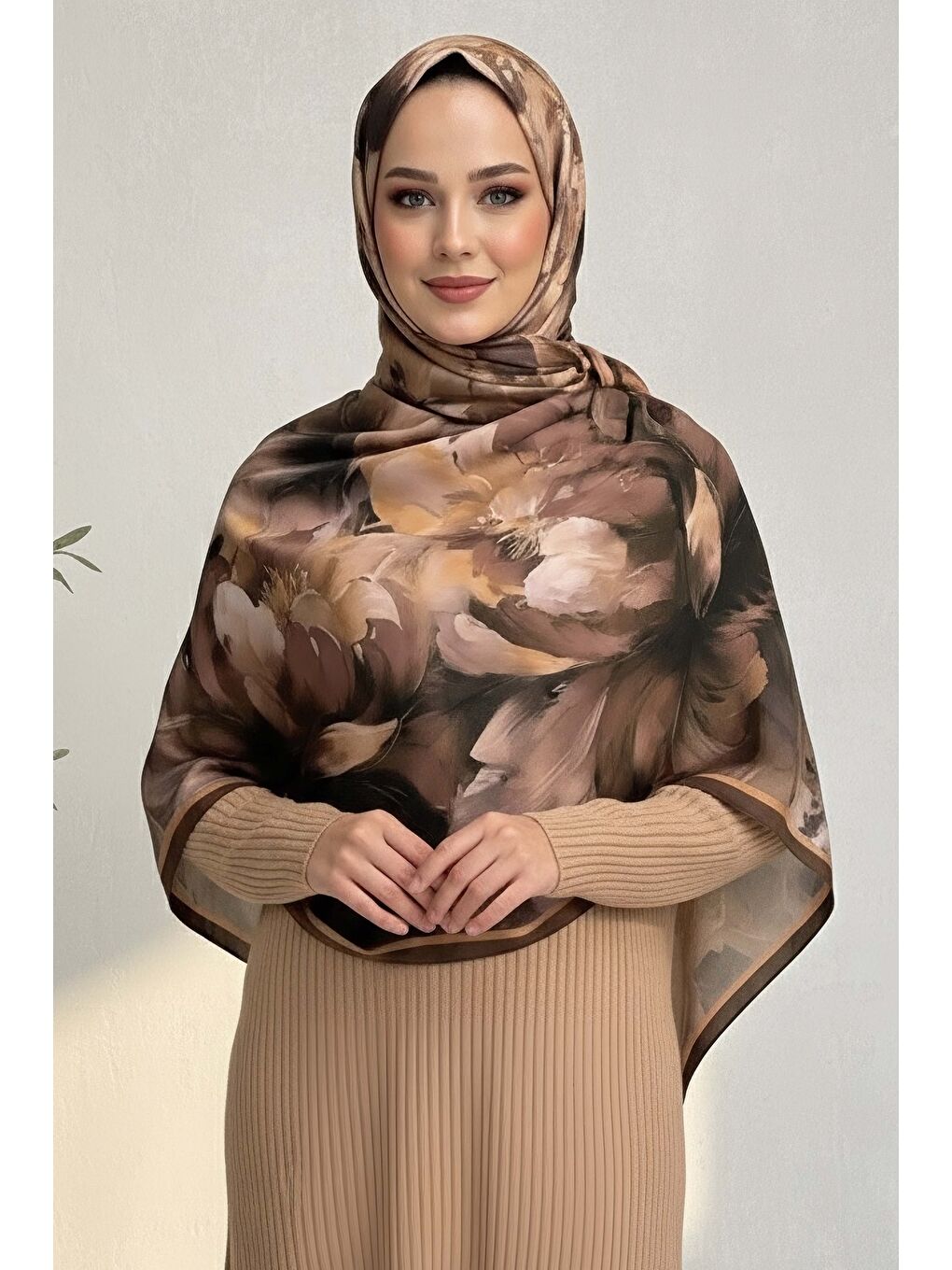 Kahverengi Mystic Flora Serisi Pamuk Şal Taba - 27988-TABA