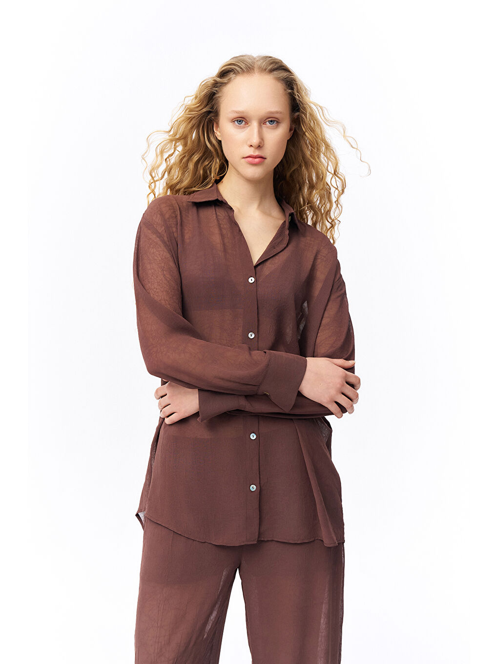 Düğmeli Şifon Gömlek Kahverengi-2