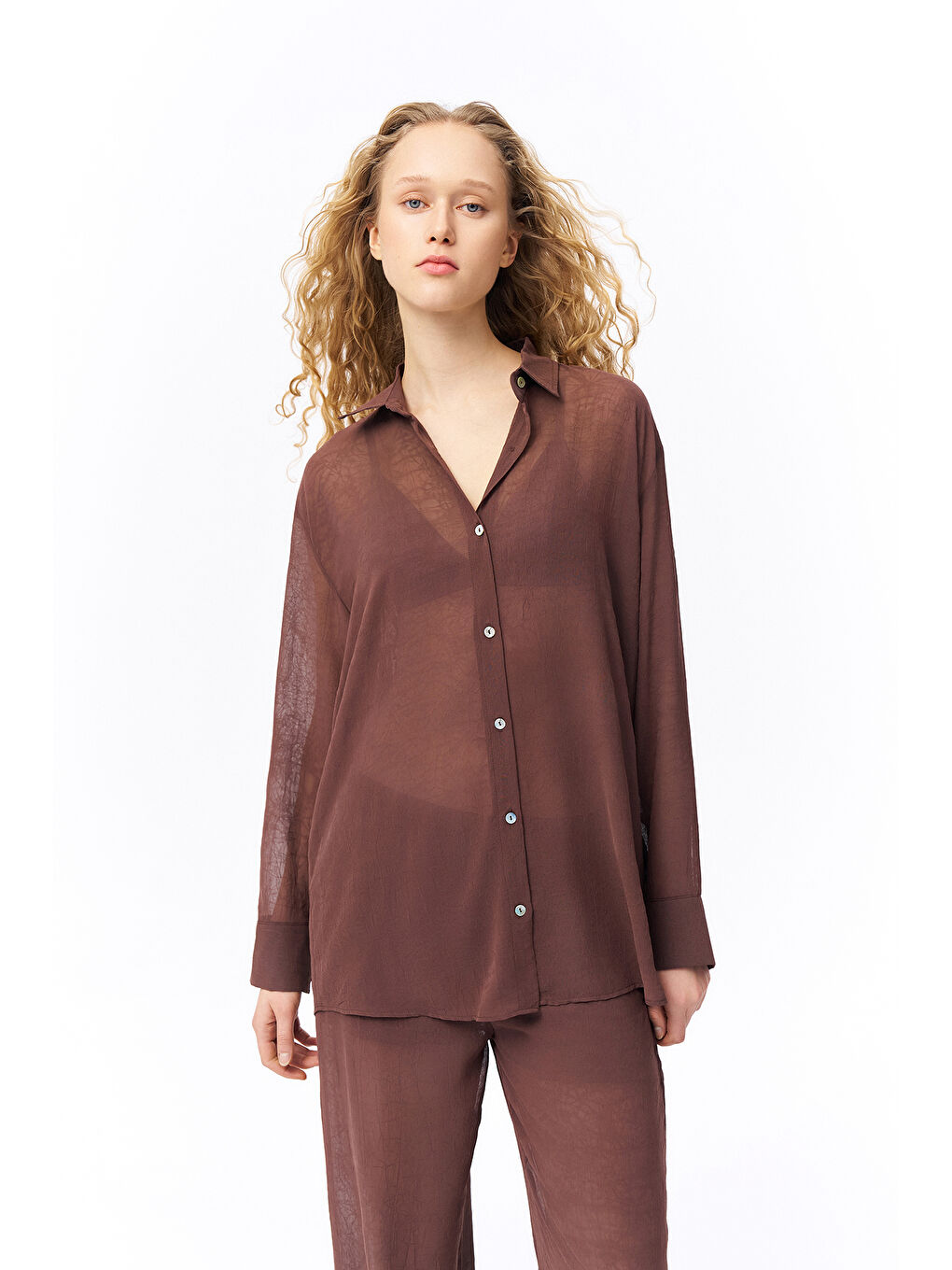 Düğmeli Şifon Gömlek Kahverengi-3