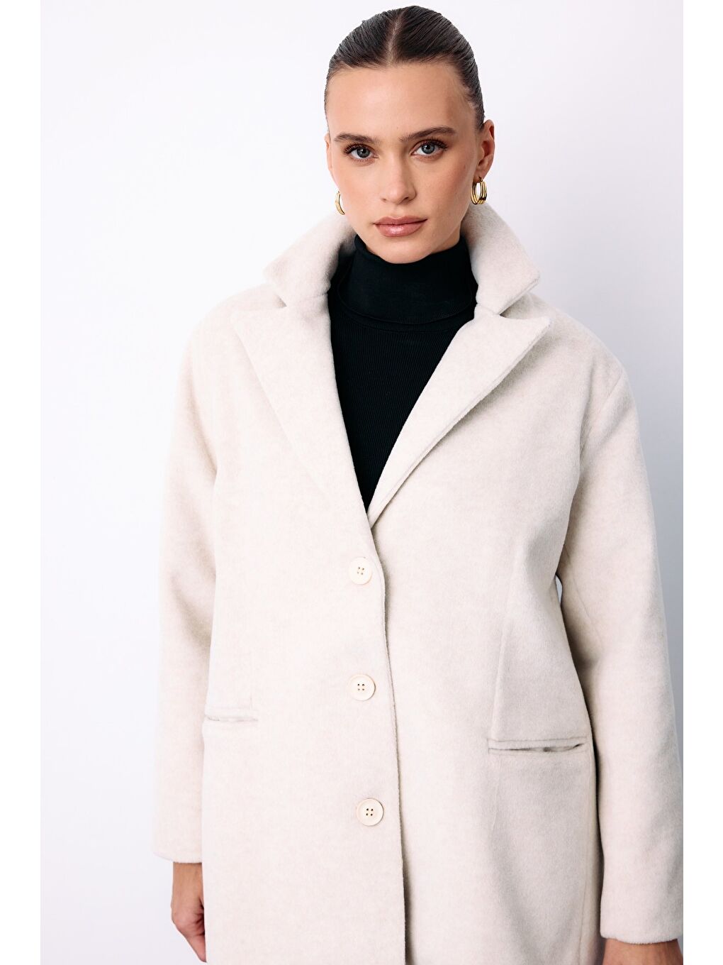 Düğmeli Kaşe Ceket - Ekru-3