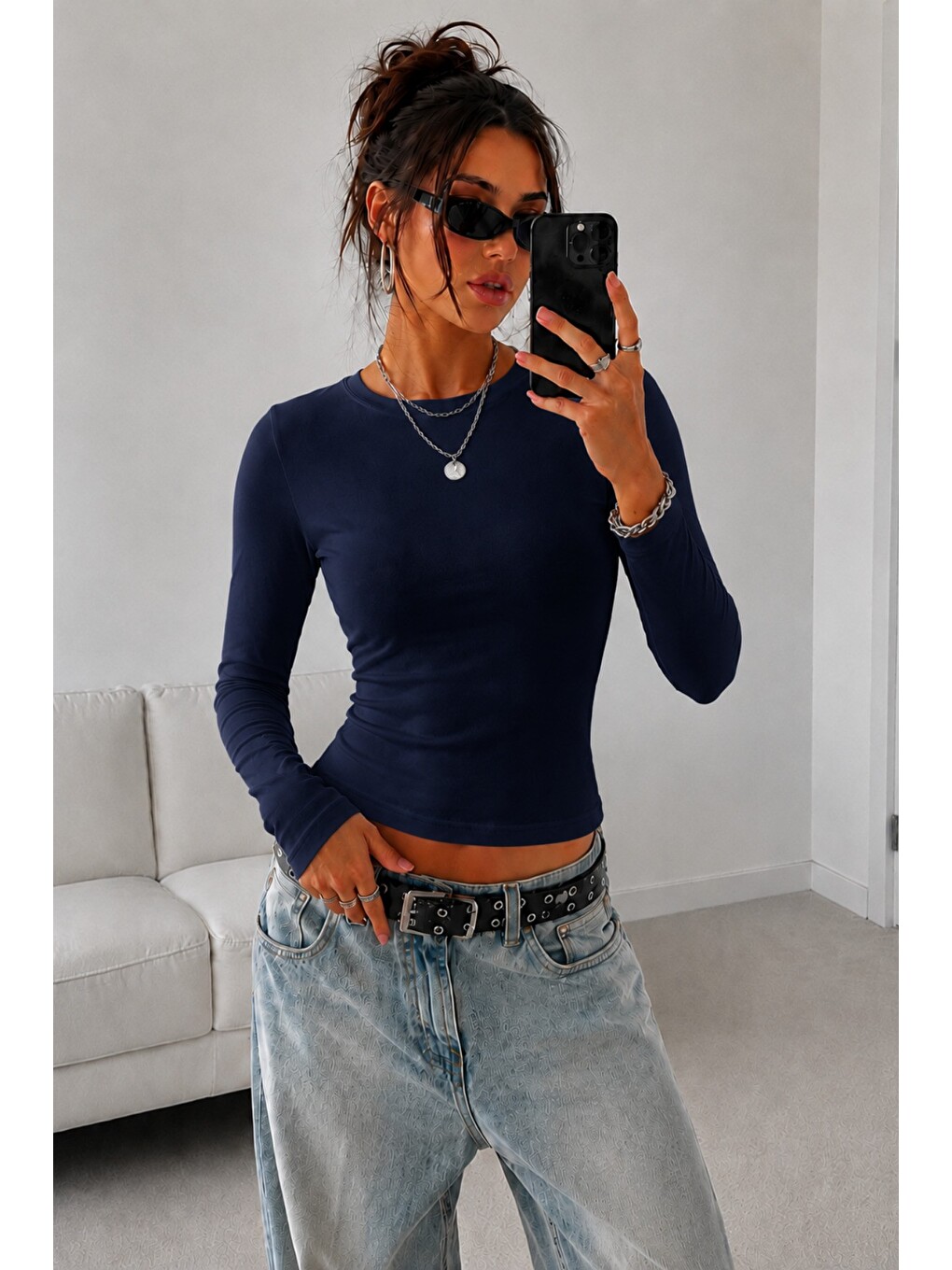 Lacivert Kadın Dar/slim Uzun Kollu Basic Bisiklet Yaka Crop Bluz – Esnek Pamuklu Süprem Kumaş