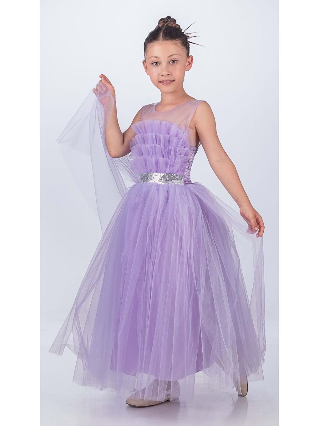 Lila Sapes Model Sırt Gipeli Tüllü Kız Çocuk Askılı Saten Abiye MNK0618-1