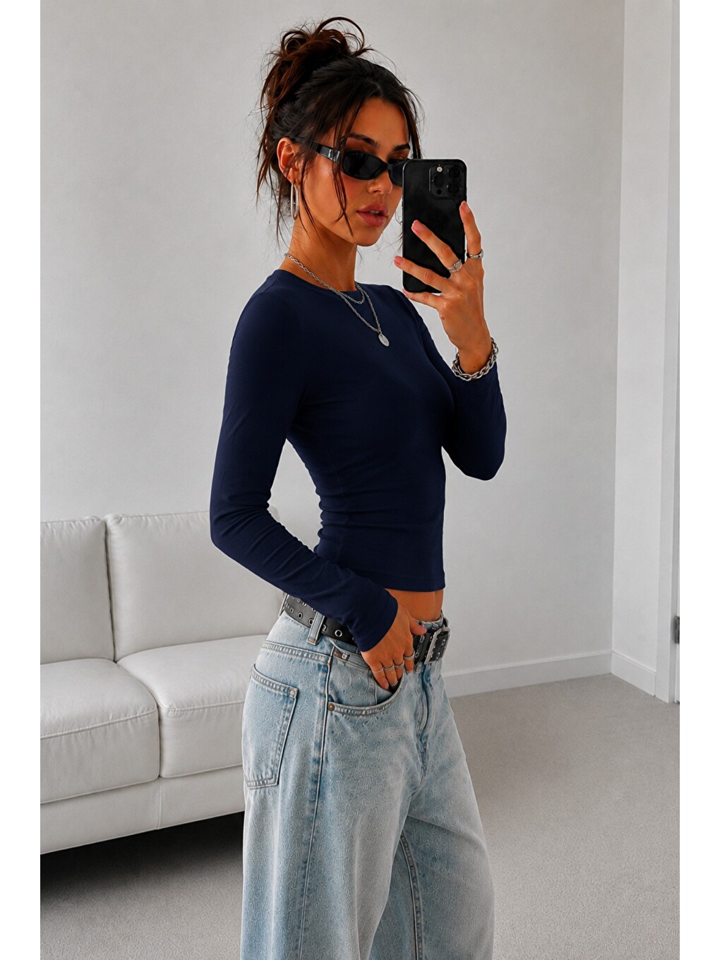 Lacivert Kadın Dar/slim Uzun Kollu Basic Bisiklet Yaka Crop Bluz – Esnek Pamuklu Süprem Kumaş-1