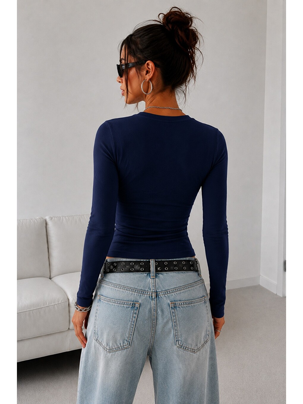 Lacivert Kadın Dar/slim Uzun Kollu Basic Bisiklet Yaka Crop Bluz – Esnek Pamuklu Süprem Kumaş-2