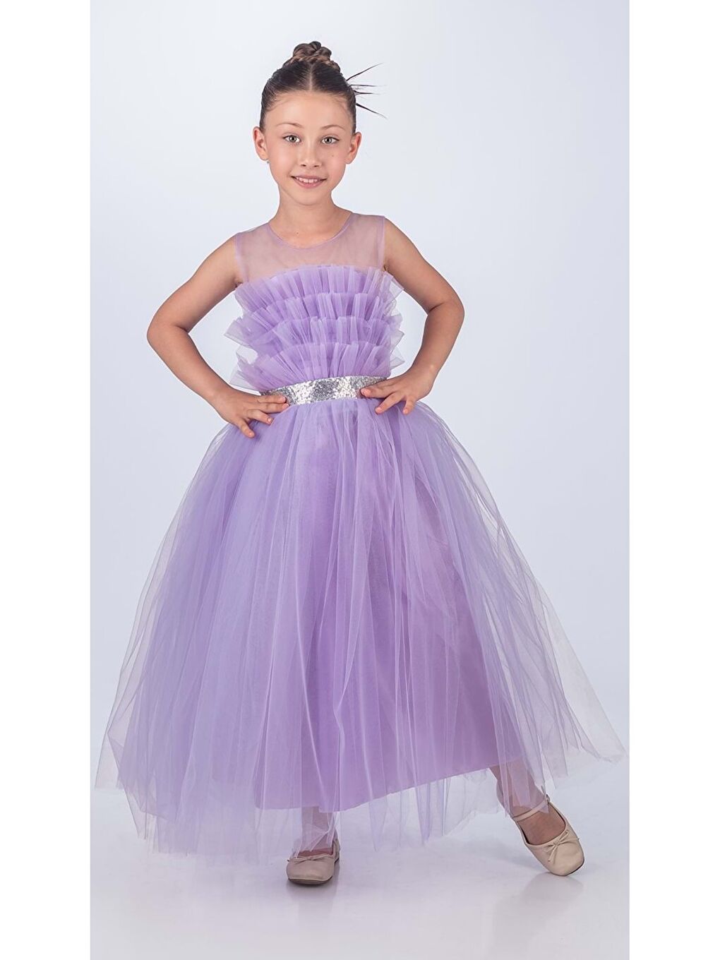 Lila Sapes Model Sırt Gipeli Tüllü Kız Çocuk Askılı Saten Abiye MNK0618-2