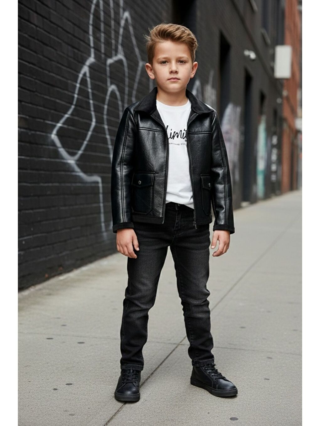 Siyah Erkek Çocuk Deri Ceketli Jean Pantolonlu Penyeli ÜçlüTakım