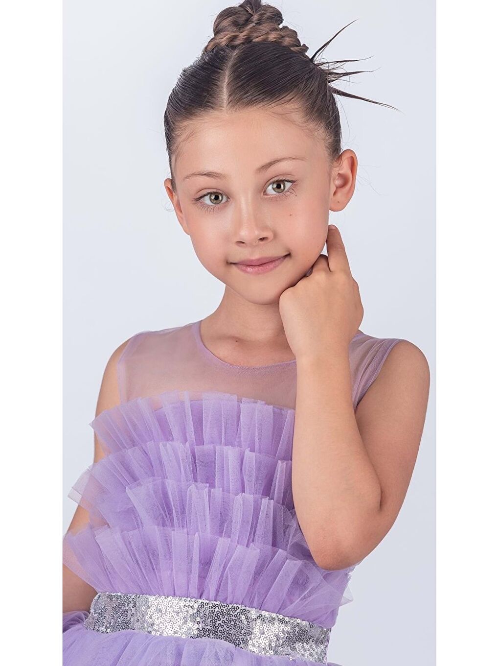 Lila Sapes Model Sırt Gipeli Tüllü Kız Çocuk Askılı Saten Abiye MNK0618-3