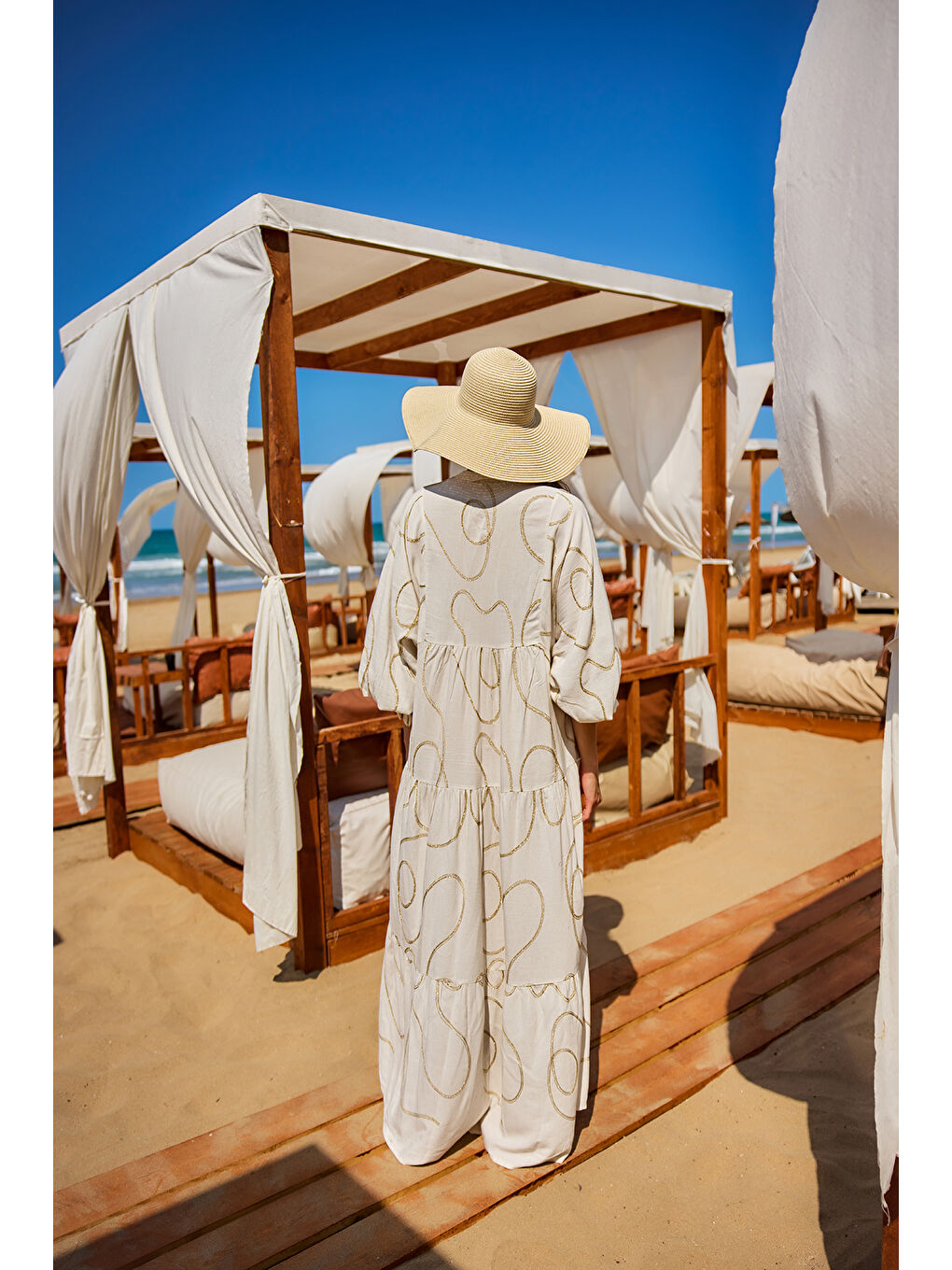 Ekru Kadın Gold Dikiş Detaylı Elbise Krem-2