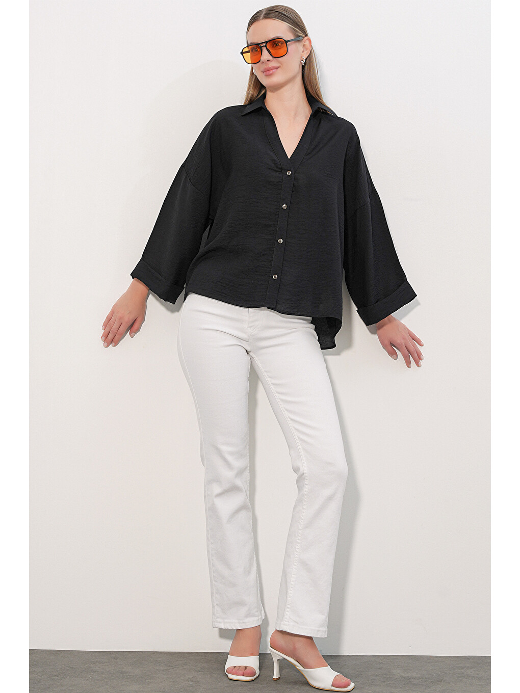 Kadın Geniş Kol Oversize Gömlek 20401 - Siyah-1