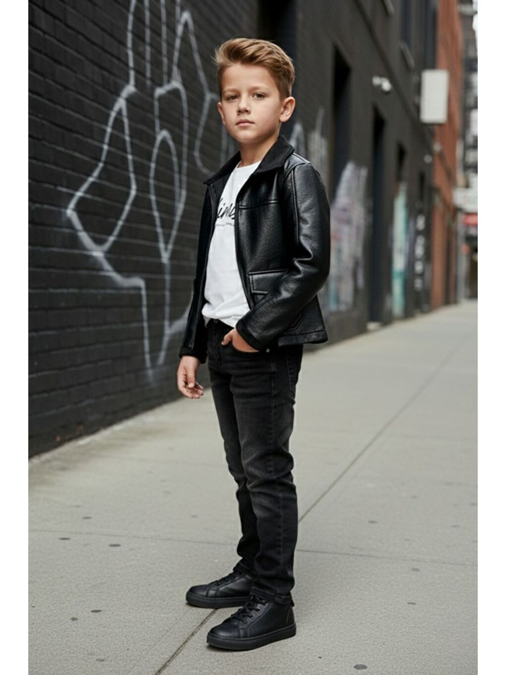 Siyah Erkek Çocuk Deri Ceketli Jean Pantolonlu Penyeli ÜçlüTakım-1