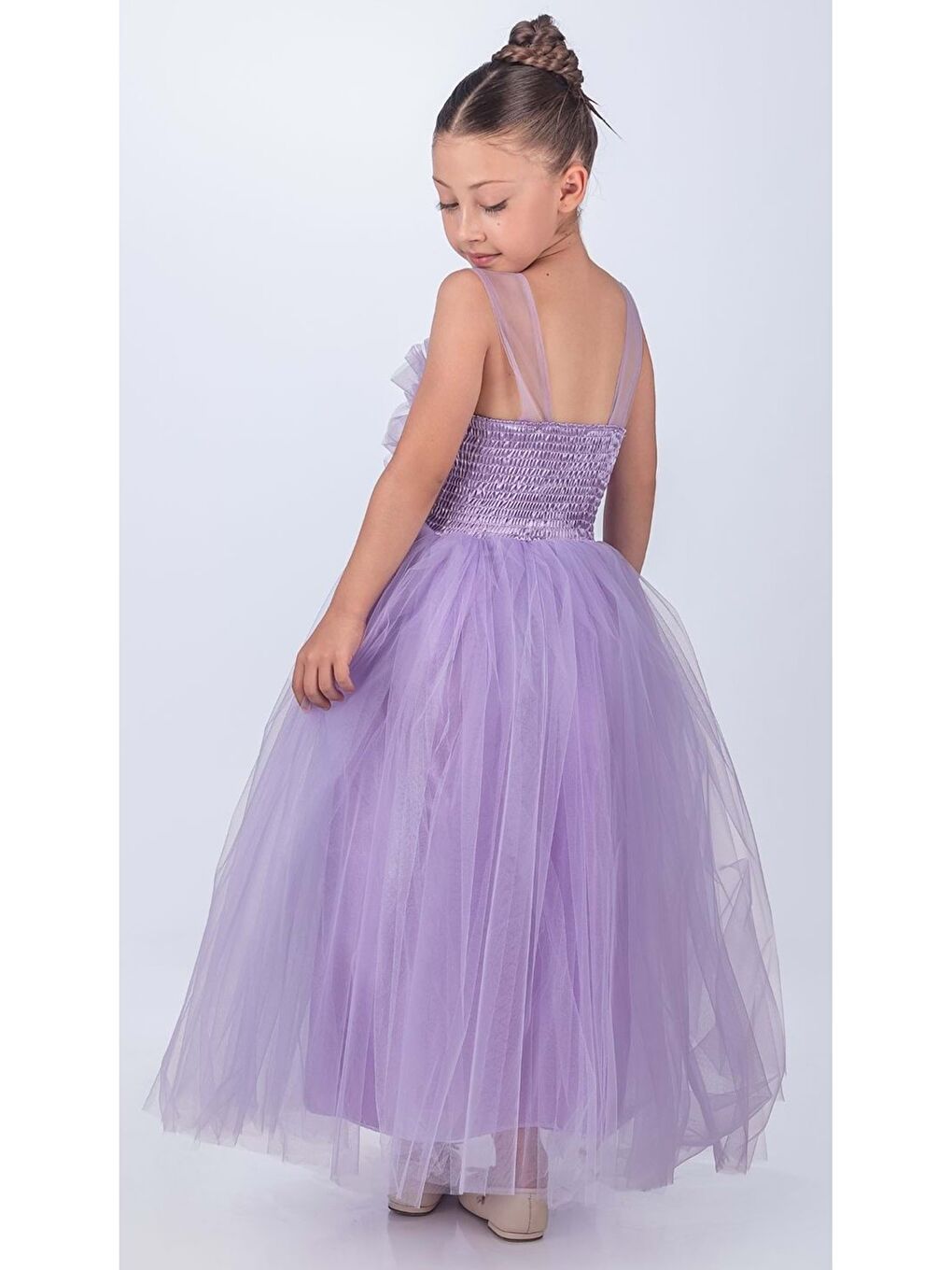 Lila Sapes Model Sırt Gipeli Tüllü Kız Çocuk Askılı Saten Abiye MNK0618-4