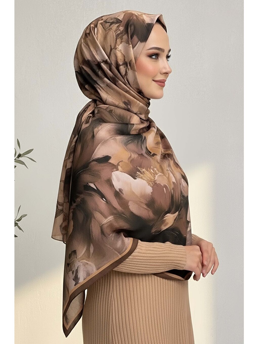 Kahverengi Mystic Flora Serisi Pamuk Şal Taba - 27988-TABA-1