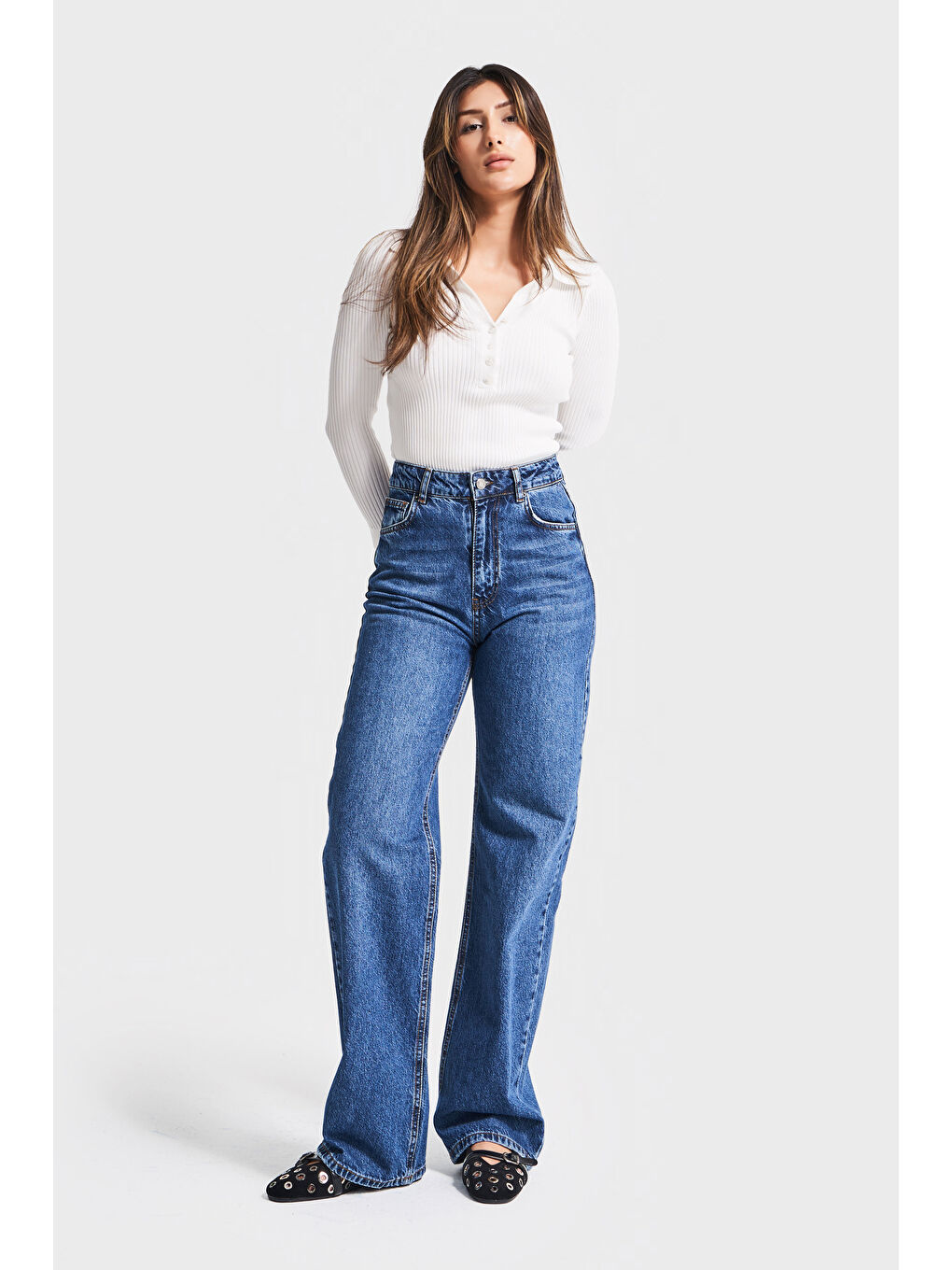 Kadın Mavi Renk Doris 2w5-5 Straight Fit Yüksek Bel %100 Pamuk İç Boy 80cm Denim Jean-1