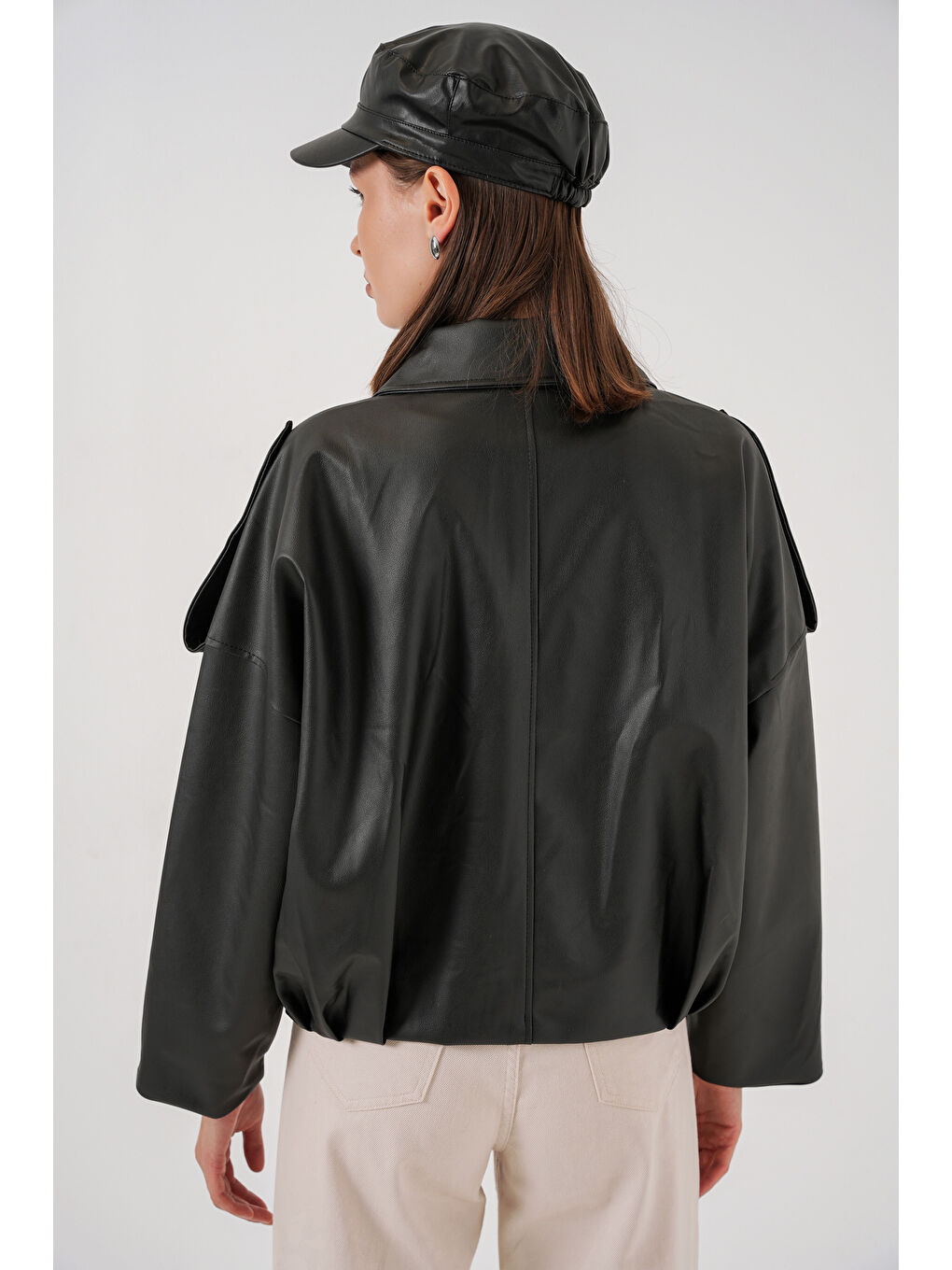 Kadın Oversize Deri Ceket 1055 - Siyah-6