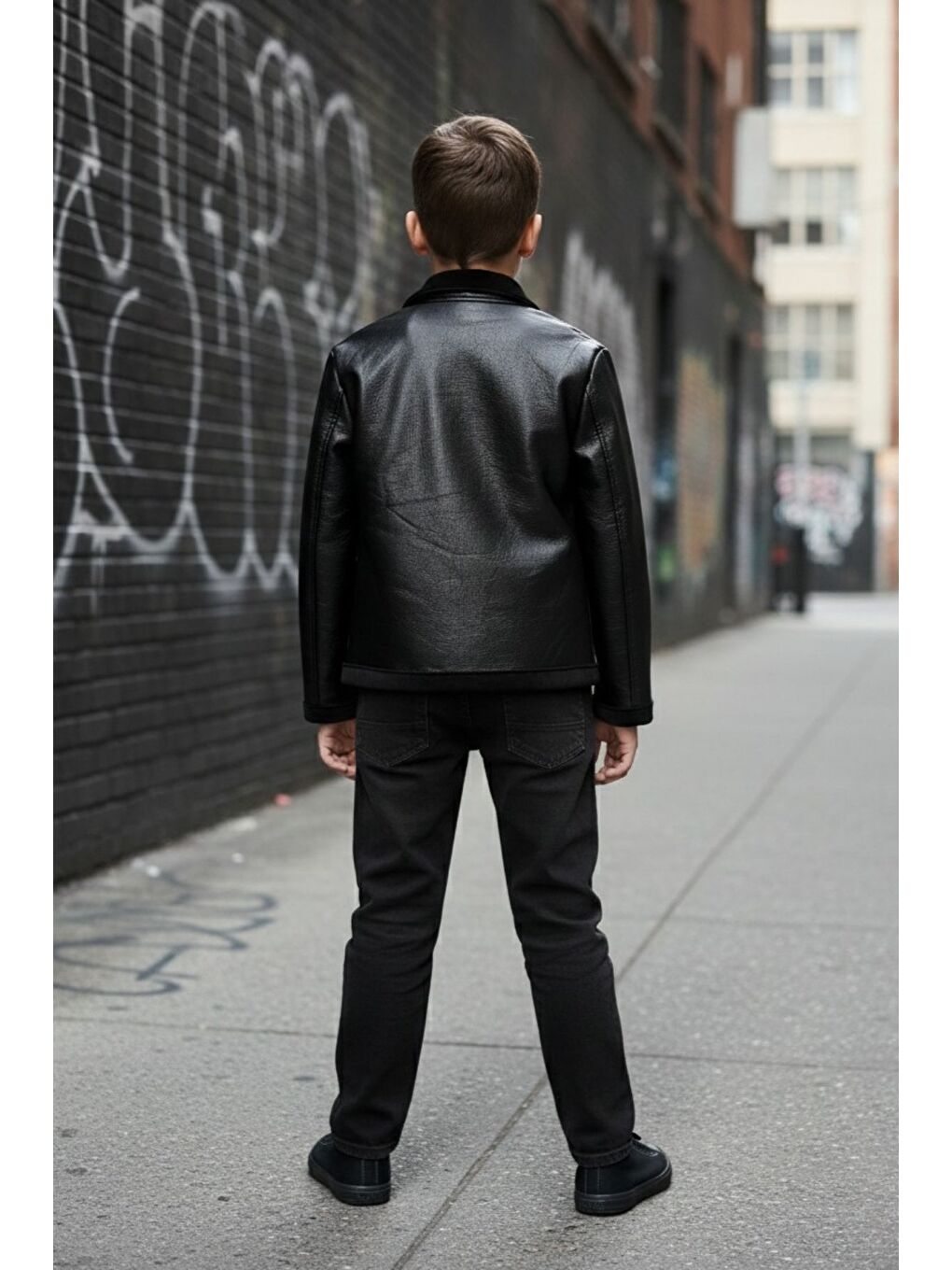 Siyah Erkek Çocuk Deri Ceketli Jean Pantolonlu Penyeli ÜçlüTakım-3