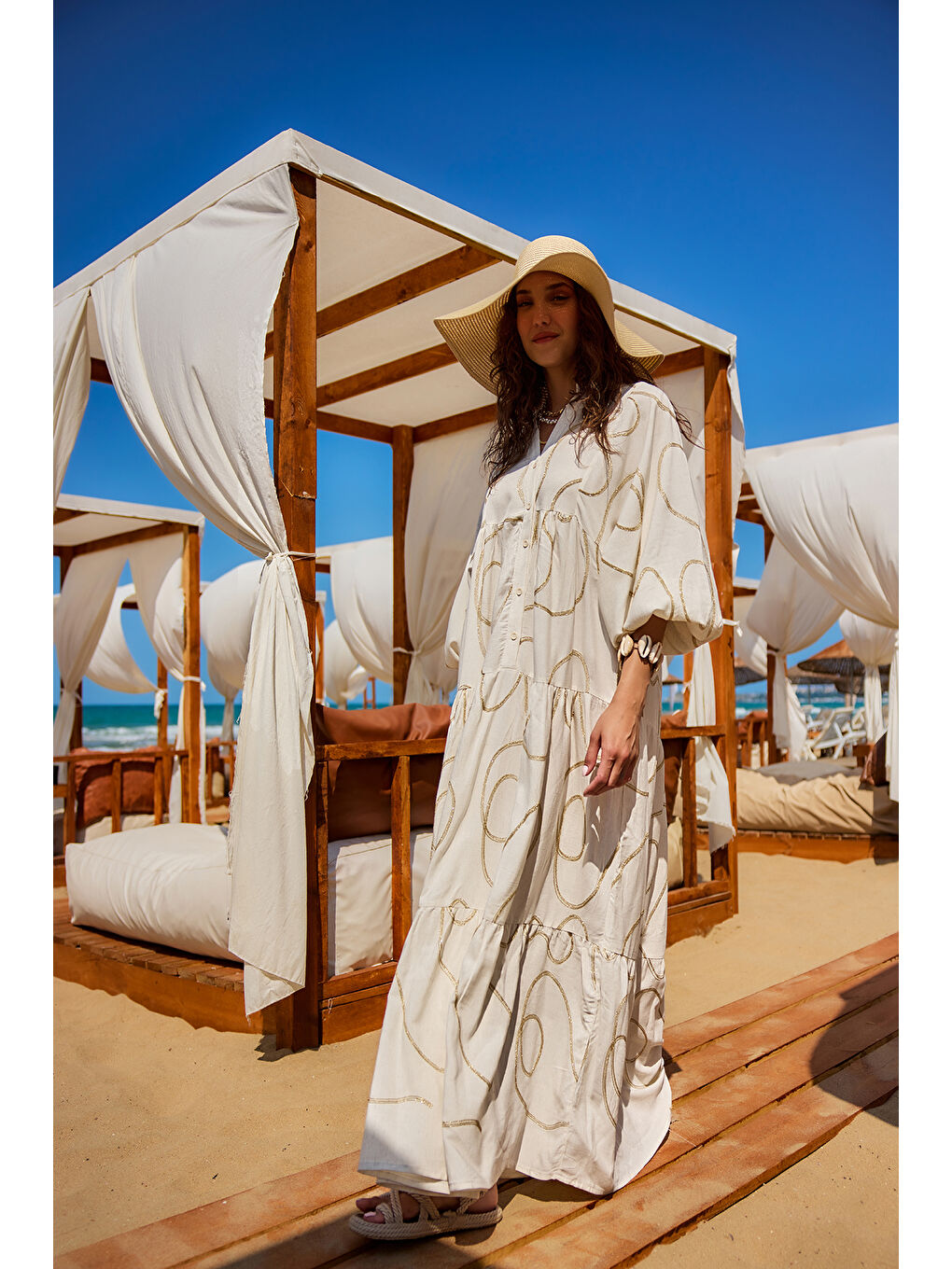 Ekru Kadın Gold Dikiş Detaylı Elbise Krem-3