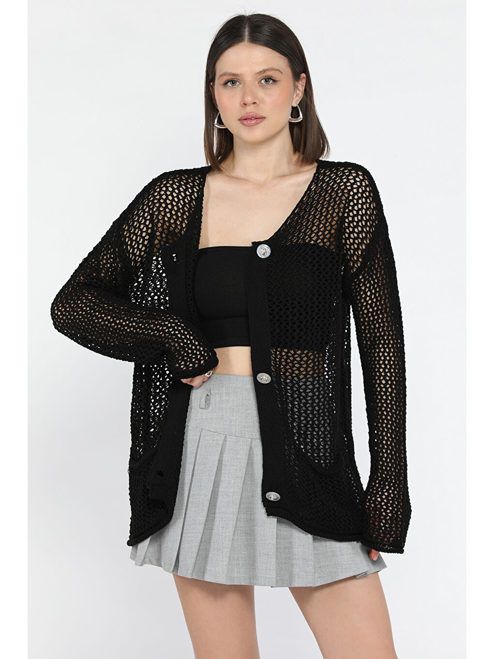 Siyah Düğme Detaylı Ajurlu Kadın Triko Hırka