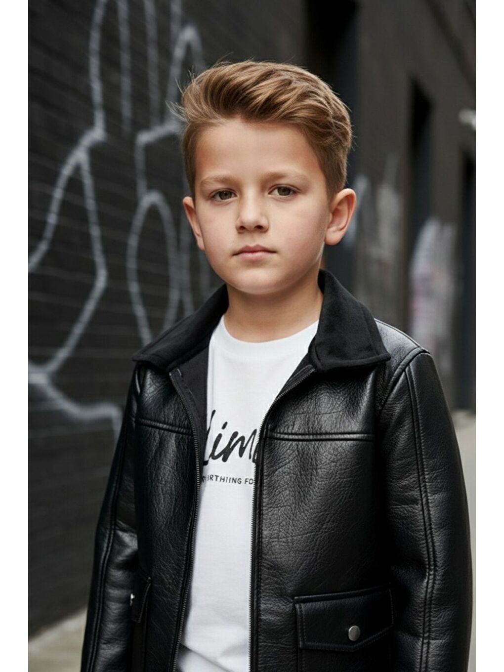 Siyah Erkek Çocuk Deri Ceketli Jean Pantolonlu Penyeli ÜçlüTakım-5