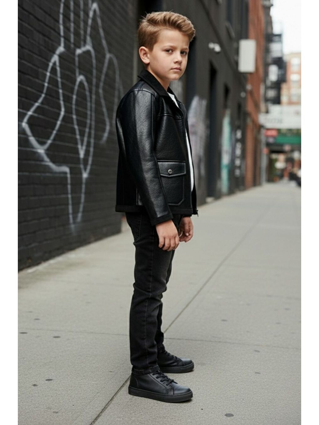 Siyah Erkek Çocuk Deri Ceketli Jean Pantolonlu Penyeli ÜçlüTakım-6
