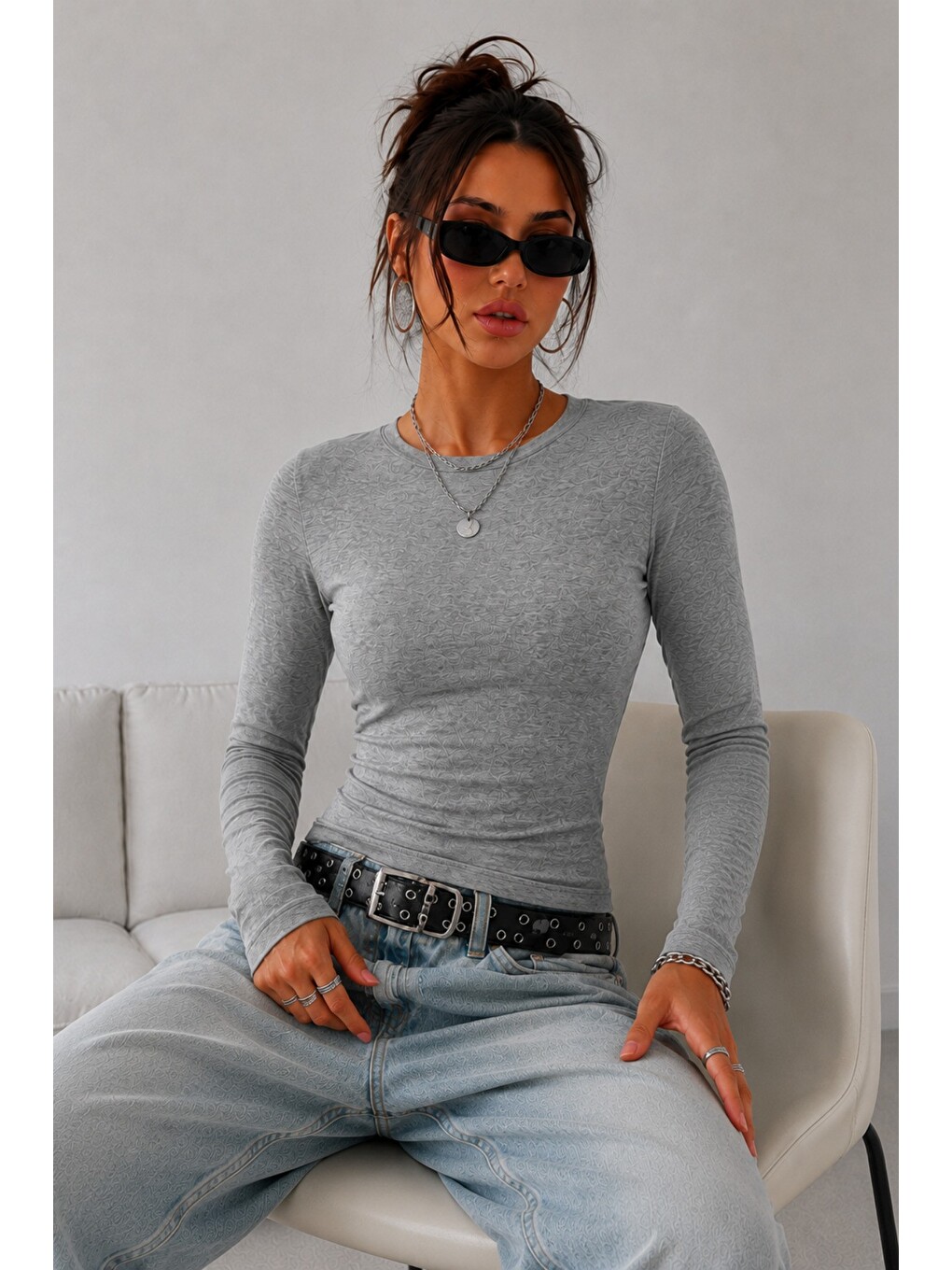 Gri Kadın Dar/slim Uzun Kollu Basic Bisiklet Yaka Crop Bluz – Esnek Pamuklu Süprem Kumaş-1