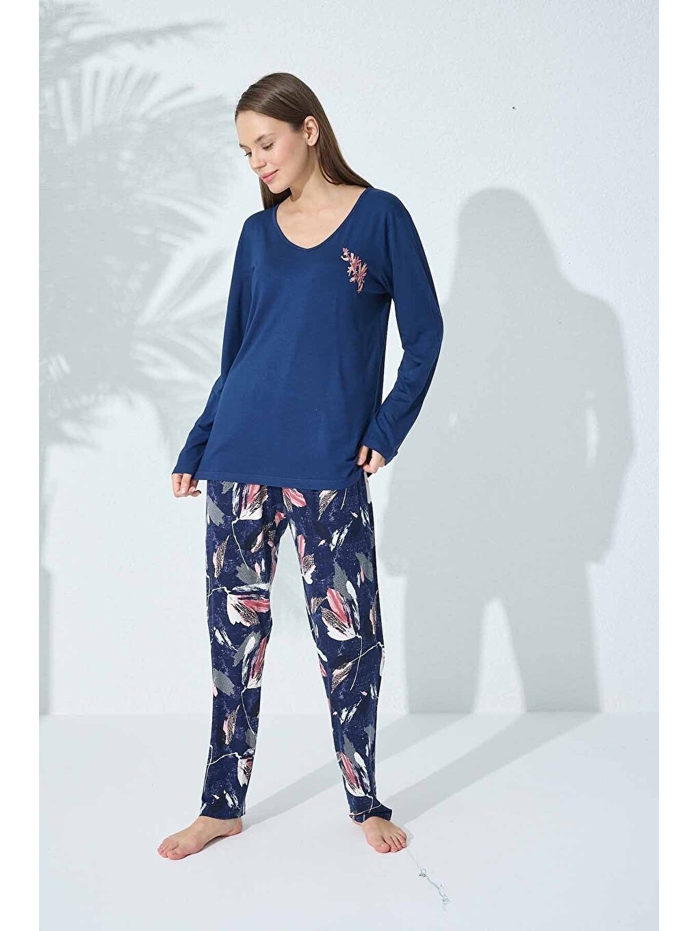 Lacivert Desenli Viskon Pijama Takım-2