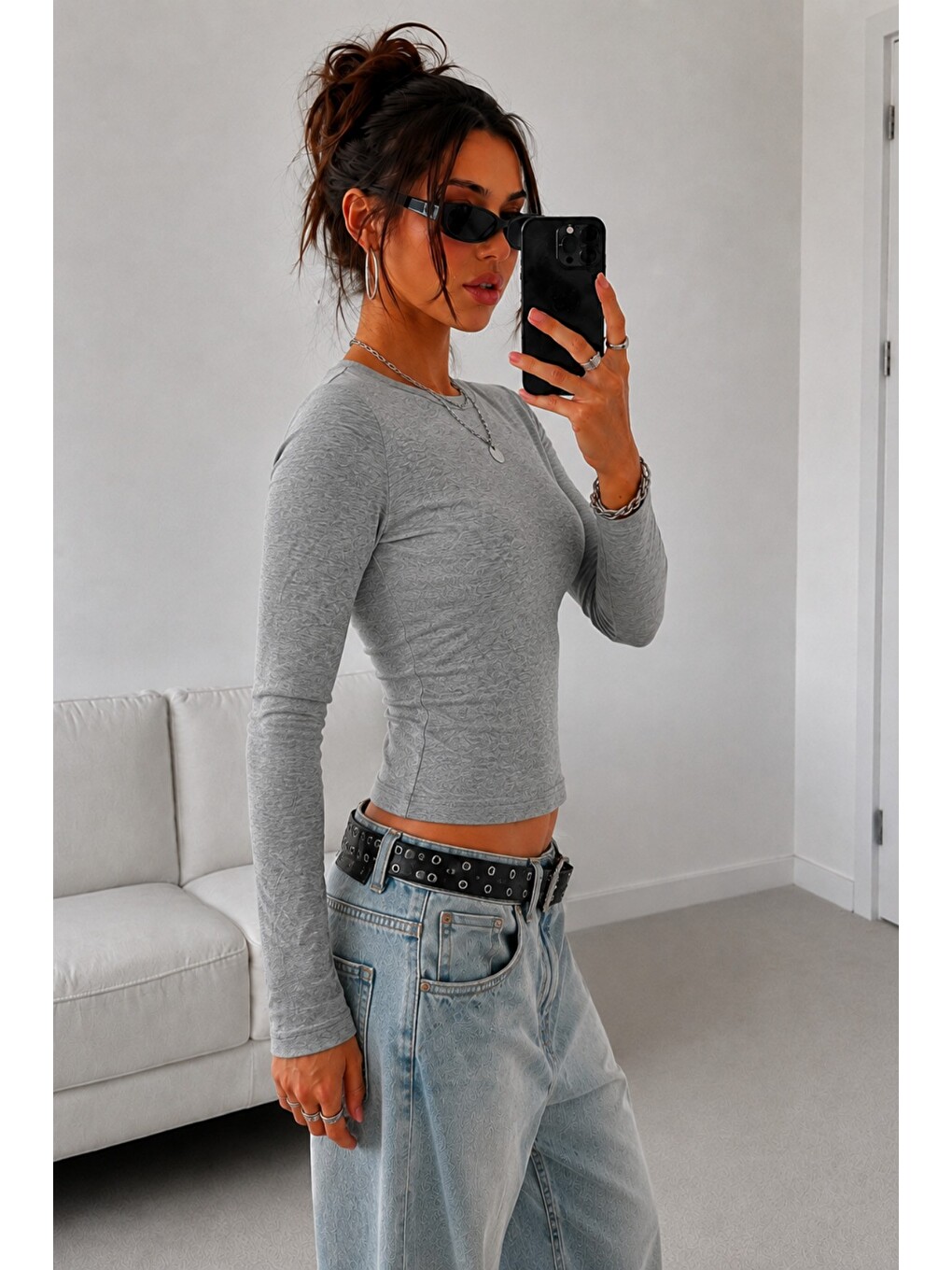 Gri Kadın Dar/slim Uzun Kollu Basic Bisiklet Yaka Crop Bluz – Esnek Pamuklu Süprem Kumaş-2