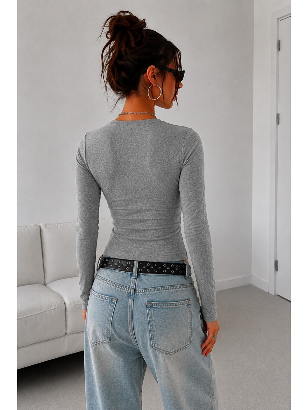 Gri Kadın Dar/slim Uzun Kollu Basic Bisiklet Yaka Crop Bluz – Esnek Pamuklu Süprem Kumaş-3