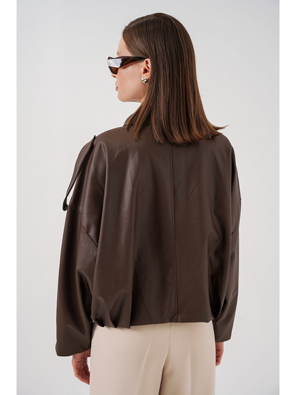 Kadın Oversize Deri Ceket 1055 - Kahverengi-5