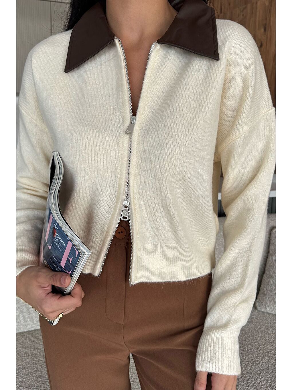 Ekru Kadın Polo Yaka Deri Garnili Fermuarlı Triko Hırka (s-m-l Beden Uyumludur.)-3