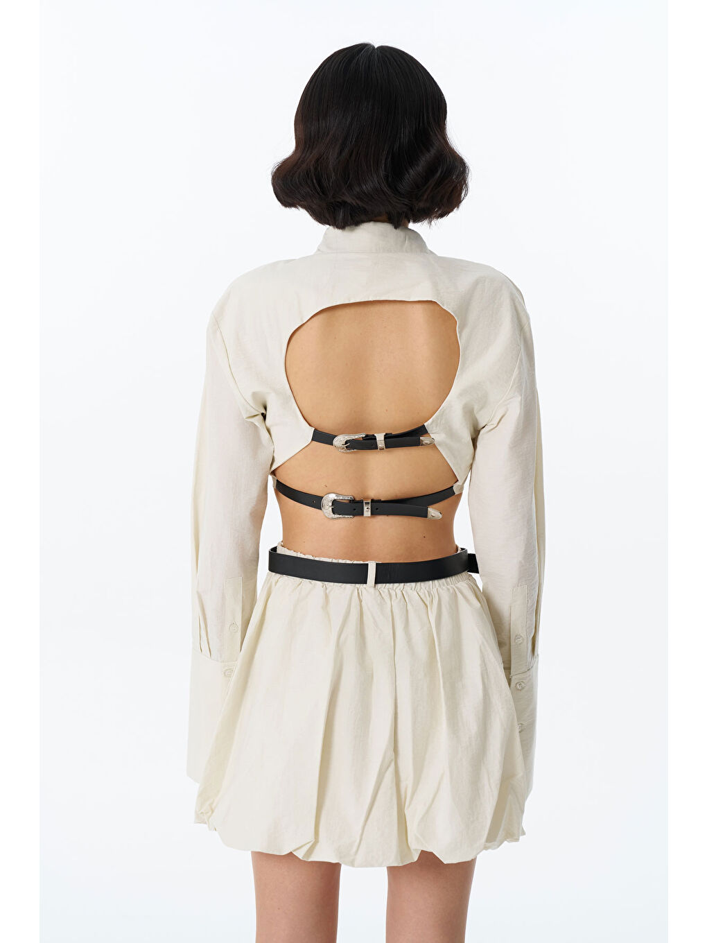 Bej Sırtı Dekolte Kemerli Crop Gömlek Taş-4