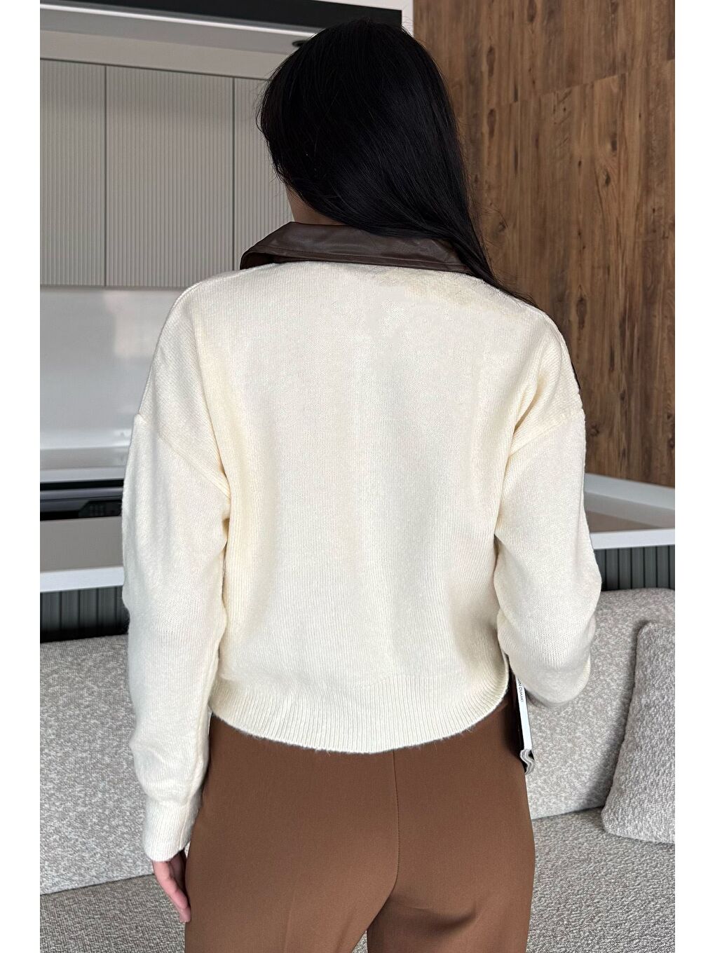 Ekru Kadın Polo Yaka Deri Garnili Fermuarlı Triko Hırka (s-m-l Beden Uyumludur.)-4