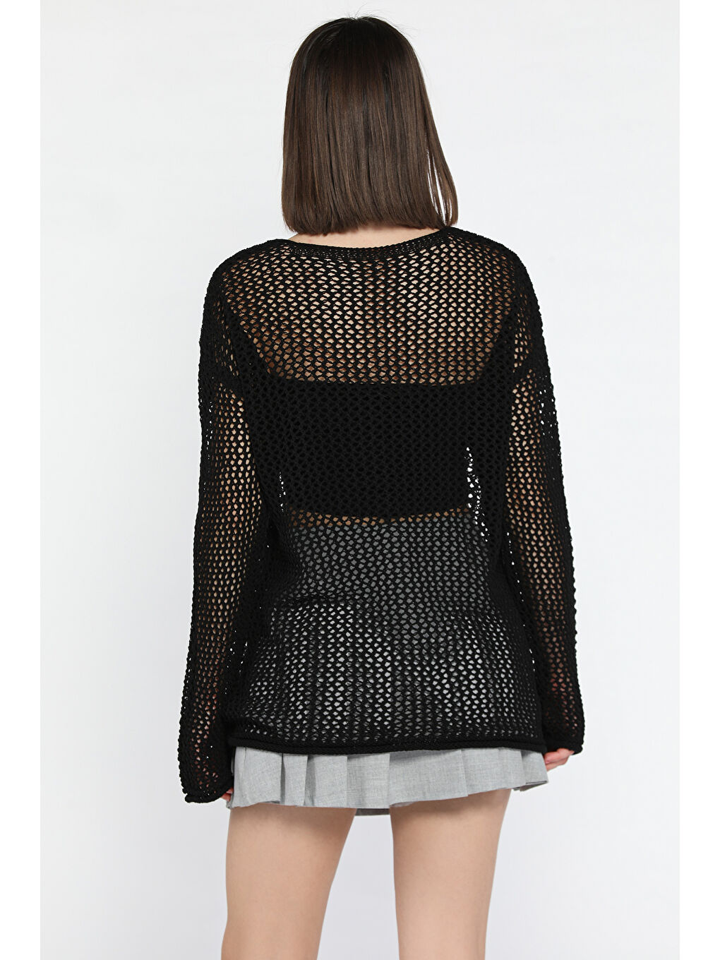 Siyah Düğme Detaylı Ajurlu Kadın Triko Hırka-3