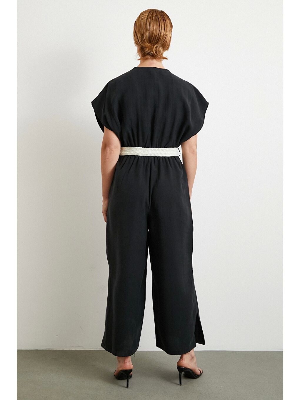 Kemer Detaylı Yarasa Kol Tulum Siyah-5