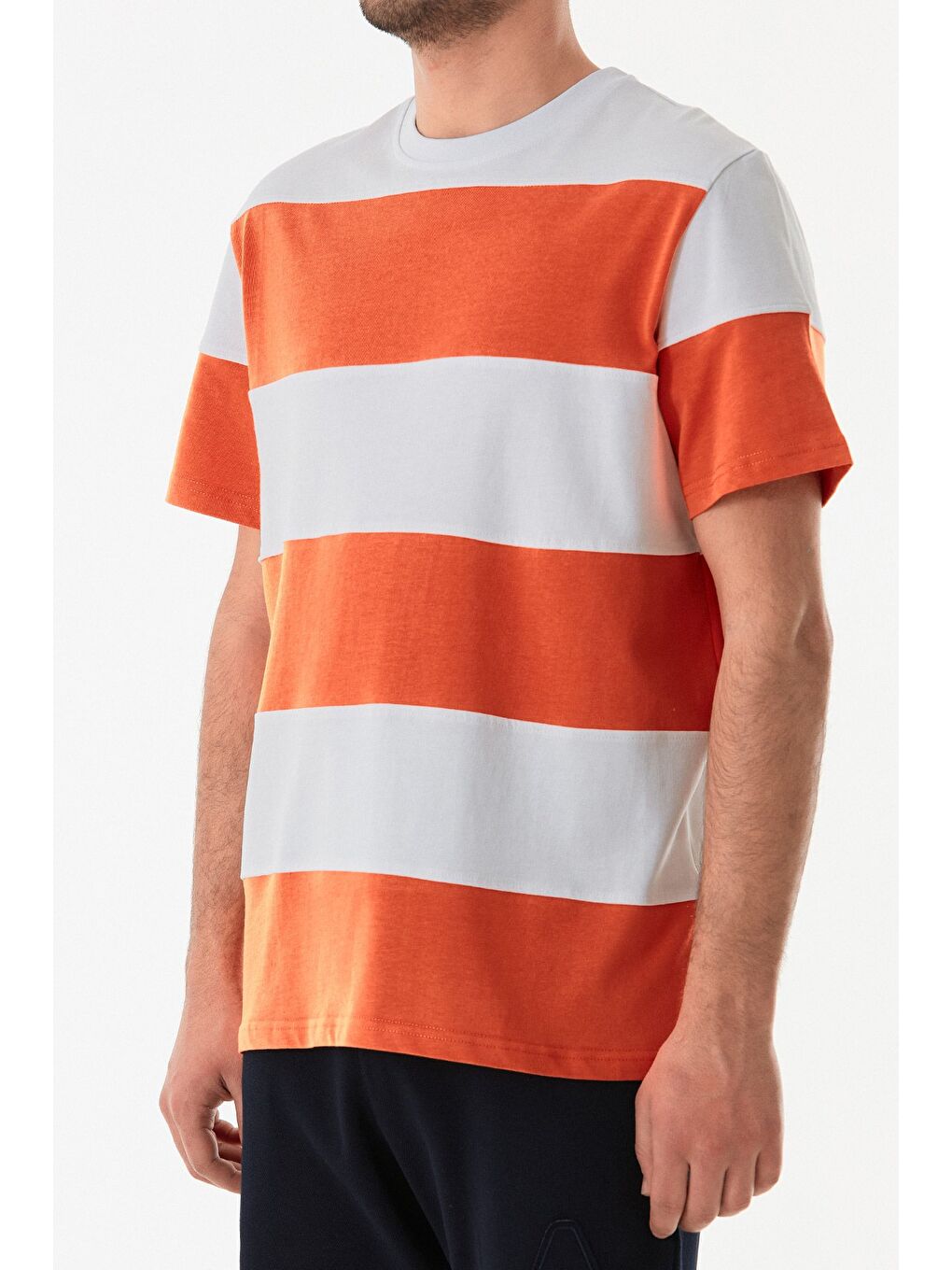 Turuncu Şeritli Bisiklet Yaka Oversize Tişört-4