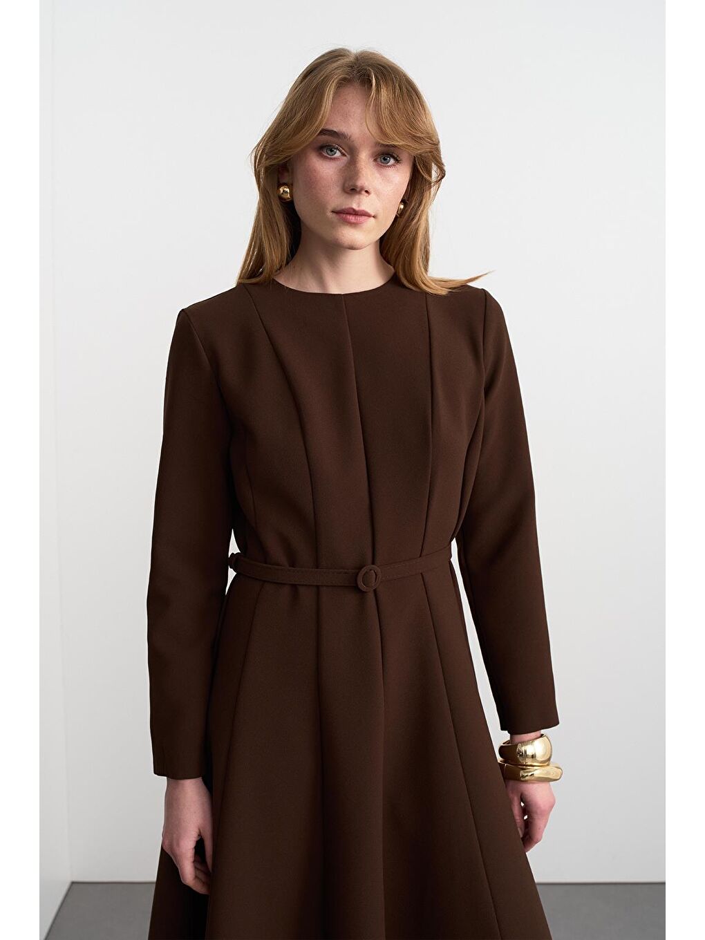 Kahverengi Linda Parçalı Uzun Elbise Kahve-2