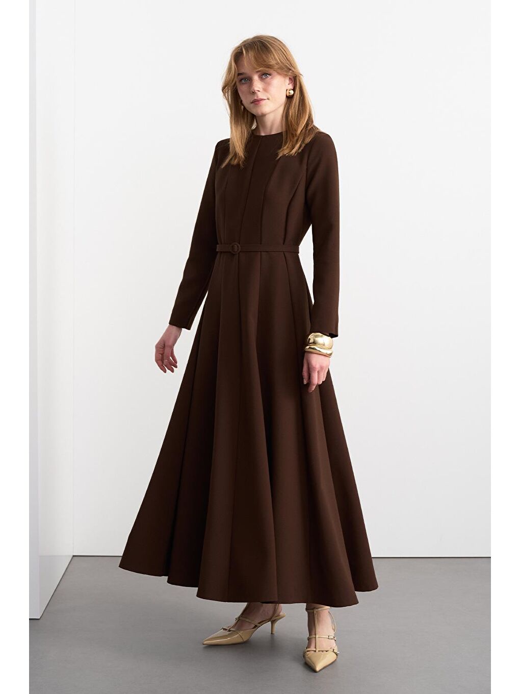 Kahverengi Linda Parçalı Uzun Elbise Kahve-3