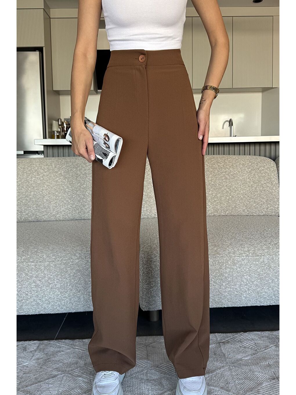 Kahverengi Kadın Bol Paça Kumaş Pantolon