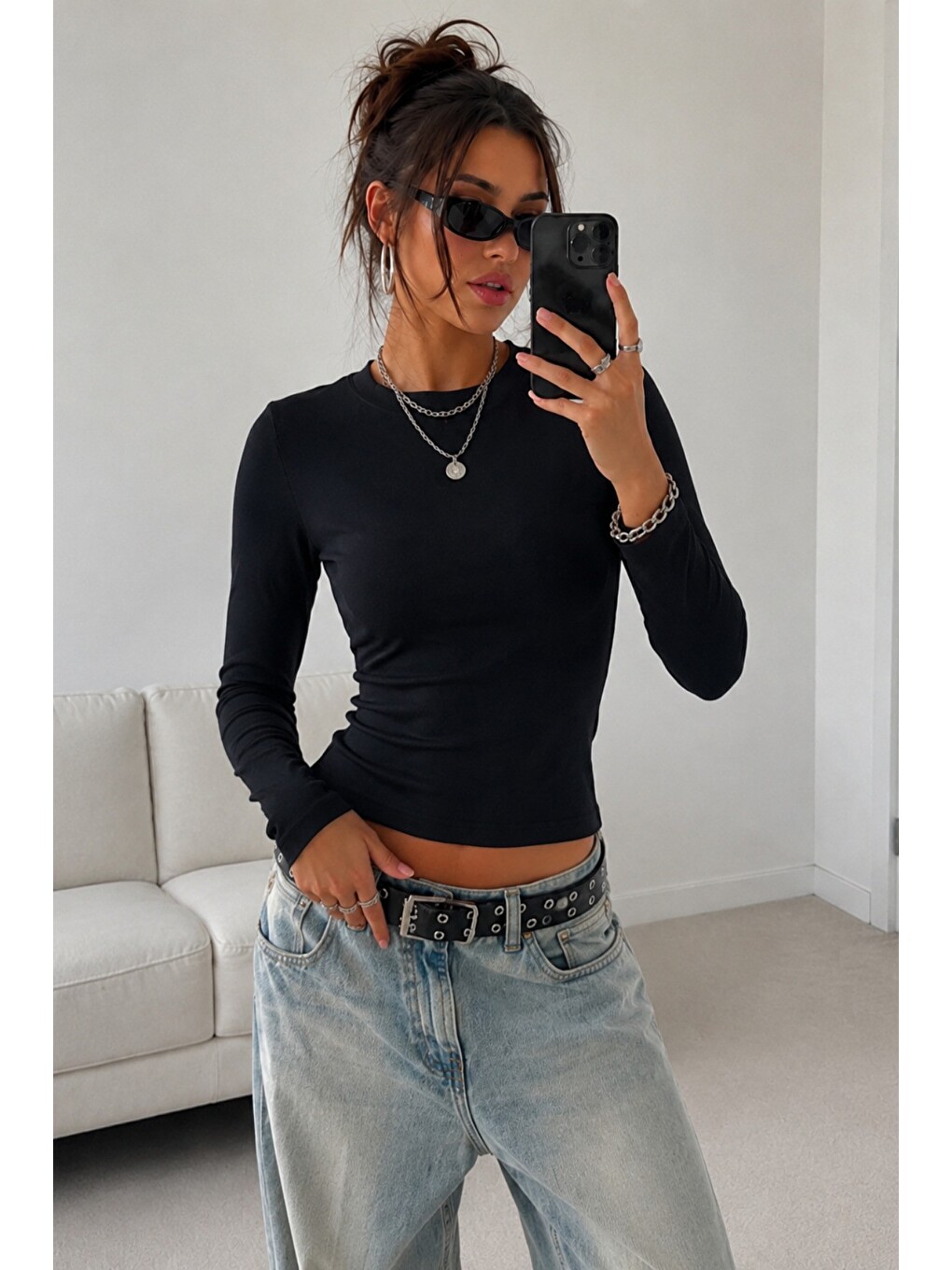 Siyah Kadın Dar/slim Uzun Kollu Basic Bisiklet Yaka Crop Bluz – Esnek Pamuklu Süprem Kumaş