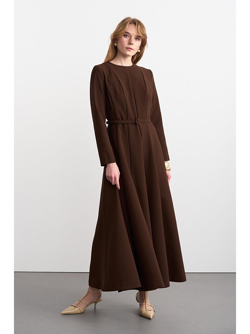 Kahverengi Linda Parçalı Uzun Elbise Kahve-4