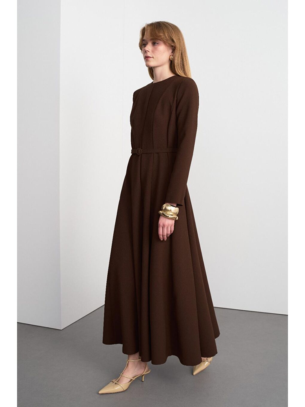 Kahverengi Linda Parçalı Uzun Elbise Kahve-5