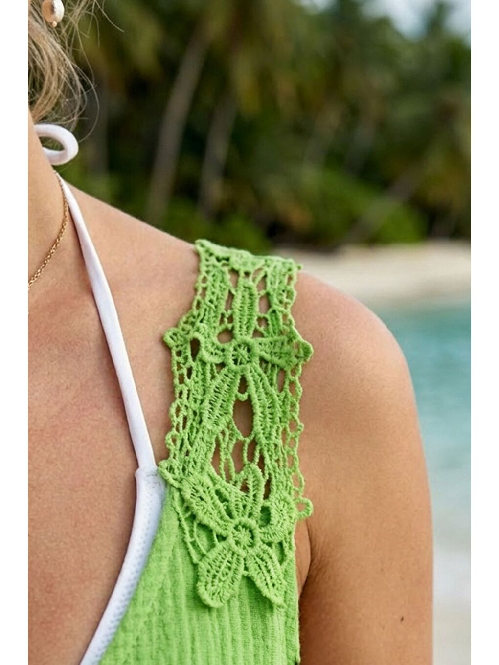 Fıstık Yeşili Havuz Yaka Kolsuz Dantelli Omuz Casual Müslin Dokuma Elbise 95 63-1