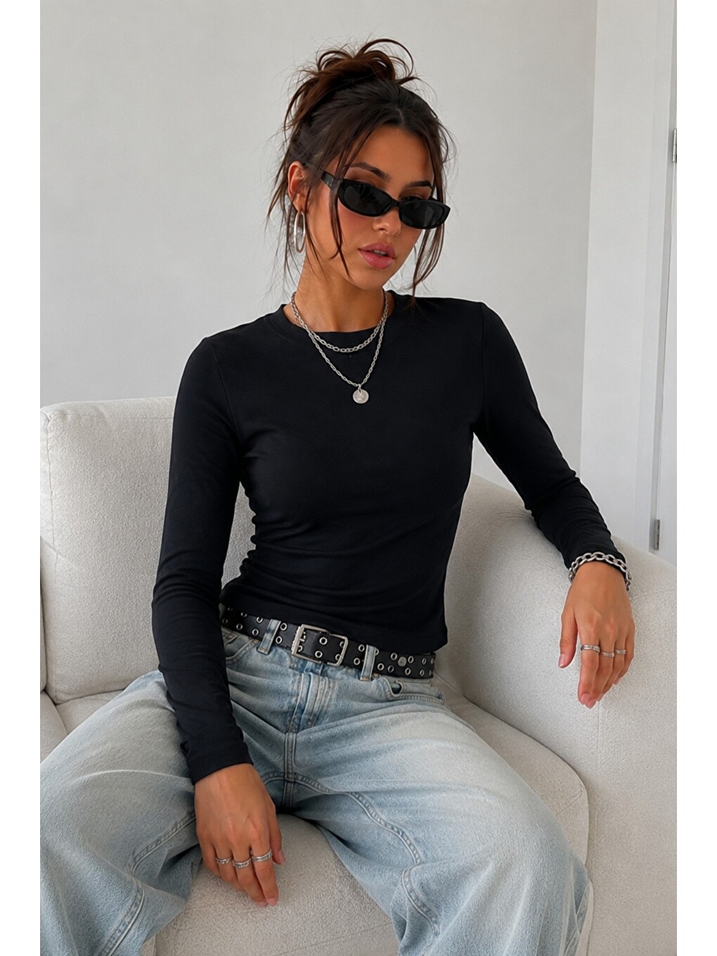 Siyah Kadın Dar/slim Uzun Kollu Basic Bisiklet Yaka Crop Bluz – Esnek Pamuklu Süprem Kumaş-1