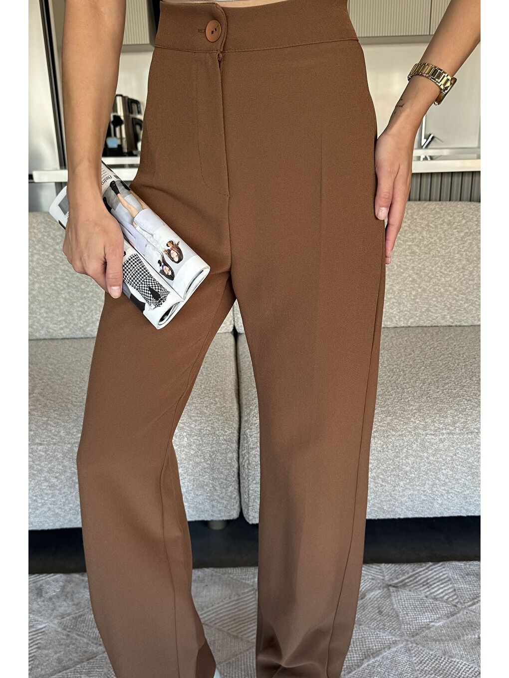 Kahverengi Kadın Bol Paça Kumaş Pantolon-1