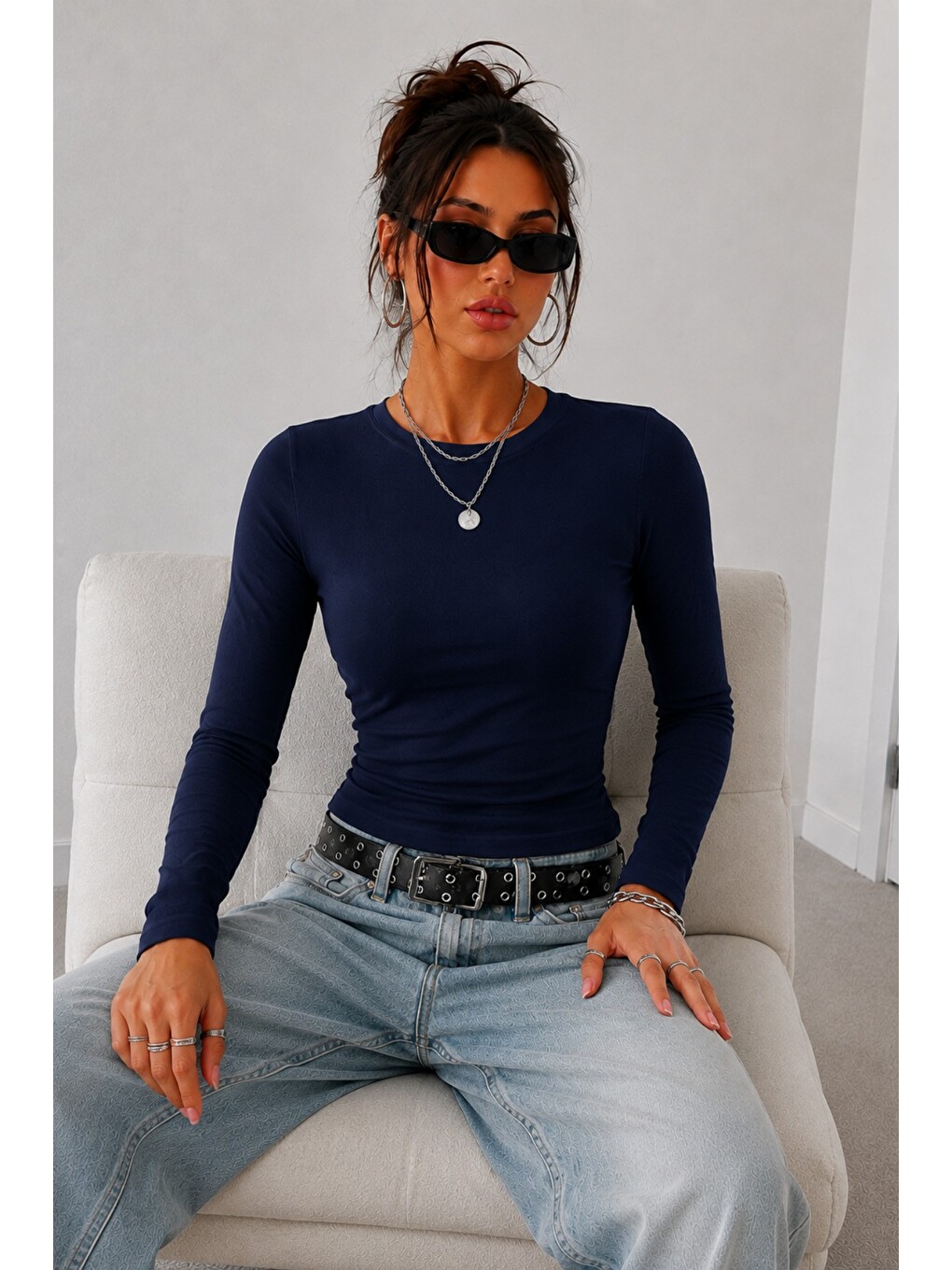 Siyah Kadın Dar/slim Uzun Kollu Basic Bisiklet Yaka Crop Bluz – Esnek Pamuklu Süprem Kumaş-2