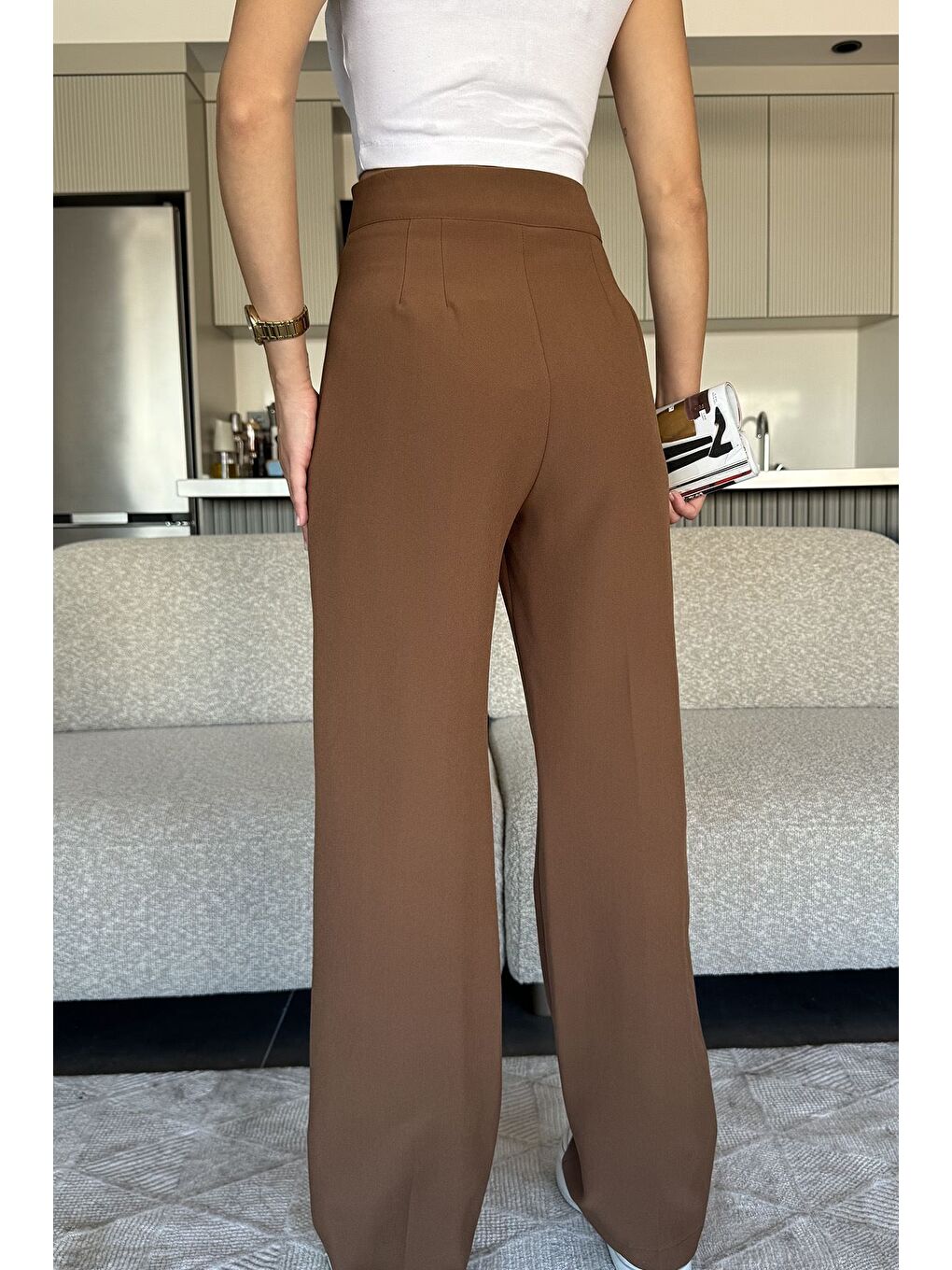 Kahverengi Kadın Bol Paça Kumaş Pantolon-2