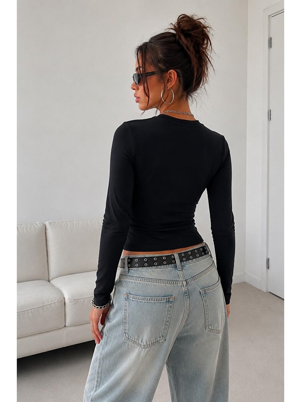 Siyah Kadın Dar/slim Uzun Kollu Basic Bisiklet Yaka Crop Bluz – Esnek Pamuklu Süprem Kumaş-3